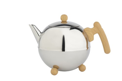 bredemeijer Bella Ronde Double Walled Teapot, 1.2-Liter, Stainless Steel Glossy Finish with Lightwood Accents