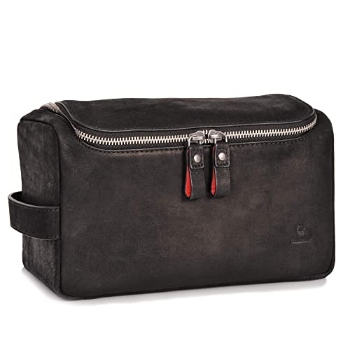 DONBOLSO Helsinki Leather Toiletry Bag I Genuine Leather Wash Bag for Men and Women I Cosmetic or Shaving Bag for Travel I Vintage Black
