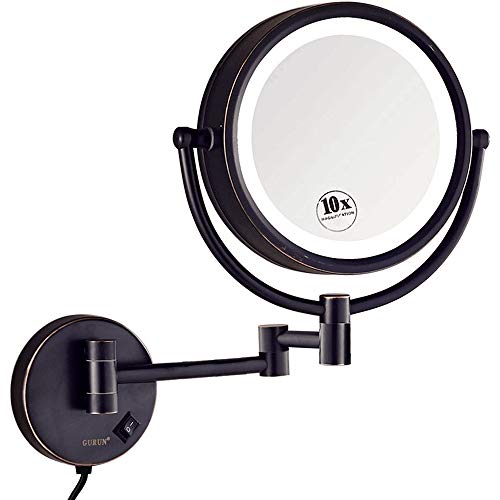 GURUN 8.5 Inch Magnifying Makeup Mirror with 3 Tones LED Lights Double Sided Vanity Mirror for Bathroom with 10X Magnification M1809DO (Oil-Rubbed Bronze/10X)