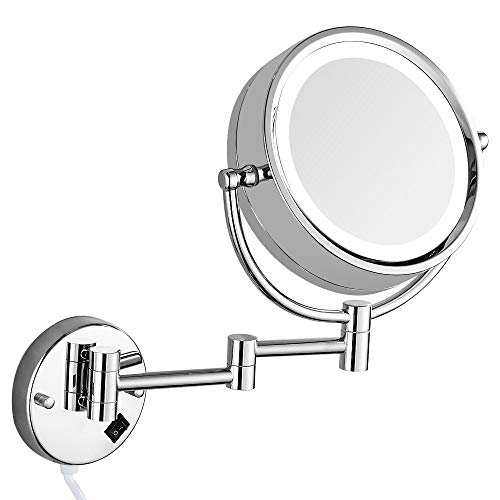 Gecious Wall Mount Makeup Mirror with Light LED Lighted 10X Magnification 9 inches, Double Sided, Powered by Plug 360 Swivel, Chrome Finished, 13 Inch Extension，Electric Plug in