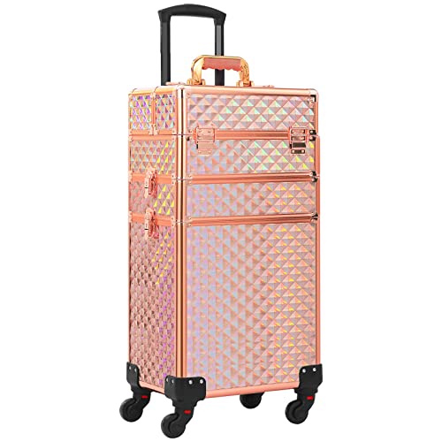 Somduy Rolling Makeup Case 3 in 1,Professional Makeup Train Case organizers,Large Storage Cosmetic case Trolley,Makeup Travel Case for Salon Barber Rose Gold,Pink