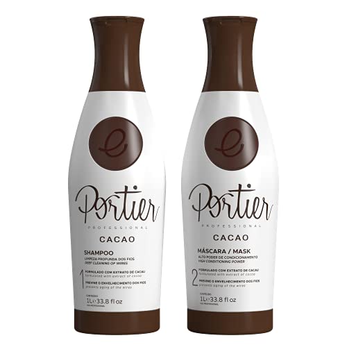 Portier Cacao Shampoo and Brazilian Hair Mask for Dry, Damaged Hair, Advanced 2-Step Treatment, Smoothing and Moisturizing Haircare for Curly, Color Treated, or Frizzy Hair. Each Bottle is 34fl.oz/1L