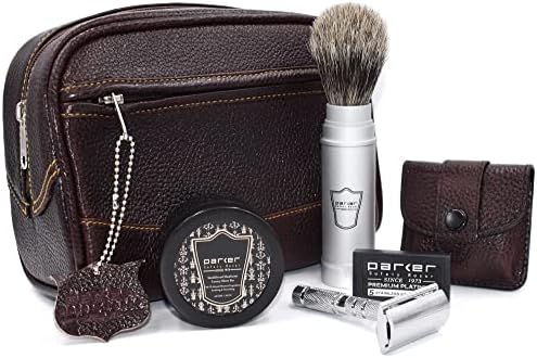 Parker Travel Shave Kit - Includes Dopp Travel Bag, Razor, Shave Brush and Shave Soap