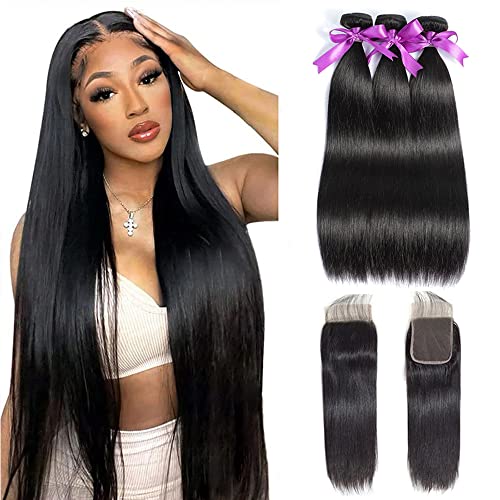 Straight Bundles with Closure Human Hair 18 20 22+16 Brazilian Human Hair Bundles with Closure Straight 100% Unprocessed Virgin Weave Hair Bundles with Closure 10A Bundles Human Hair with Lace Closure