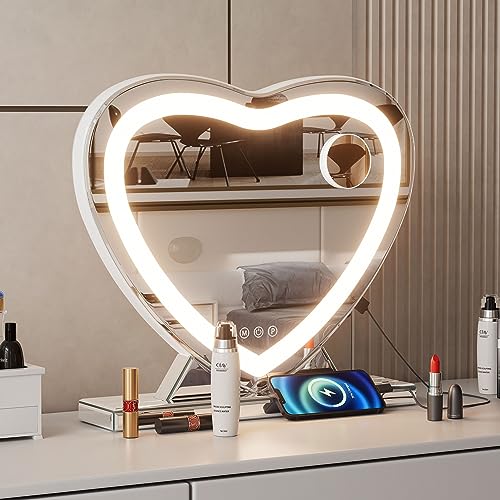 RICHTOP Large Makeup Mirror with Lights，Vanity Mirror with Lights with 20×17 Inch wihte Heart-Shaped Tabletop Touch Screen Control USB Outlet 3 Color Dimmable Memory Led Makeup Mirror …