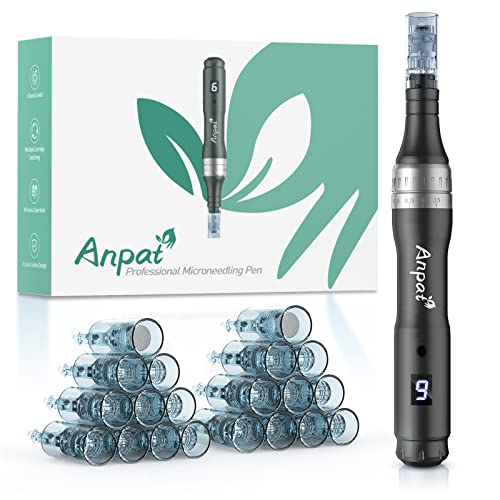 Professional Microneedling Pen with 20 Replacement Cartridge,Adjustable Microneedle Pen for Home Use,6pcs 16pin+6pcs 36pin+6pcs 42pin+2pcs Nano-Black