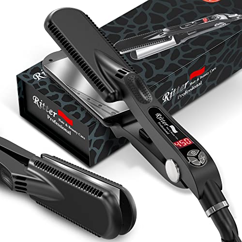 Ritter Pro Mirror-Titanium Hair Straightener for Long and Curly Hair, 1.75" Wide Ventilated Plates, Wet & Dry Hair, 85W MCH Heatres Max.450F, Digital Setup Display, Dual Voltage 110V/240V Barbers tool