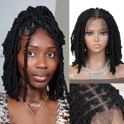 Sangtok 12 inch Short Braided Wigs for Black Women, Passion Twist Cornrow Braided Wigs, Knotless Full Lace Spring Twist Braids Wig