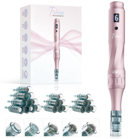 Professional Microneedling Pen - Adjustable Wireless Microneedle Machine with 22 Replacement Cartridges for Face Home Use (4pcs 16pin+4pcs 24pin+6pcs 36pin+6pcs 42pin+2pcs Nano.) Rose Gold