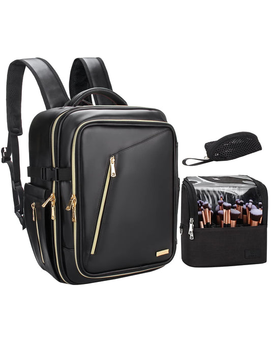 Relavel Makeup Backpack with Brush Bucket Bag, Large Capacity Leather Makeup Train Case with Adjustable Partition, Professional Cosmetic Organizer for Traveling-Black