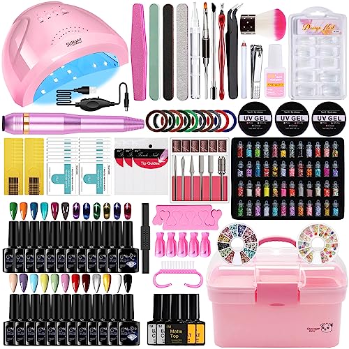 Complete Nail Studio Set with 48W UV LED Lamp, 24 Rainbow Colors, Cat Eye Gel Polish Kit, Nail Drill & More, Storage Box for Home Manicures