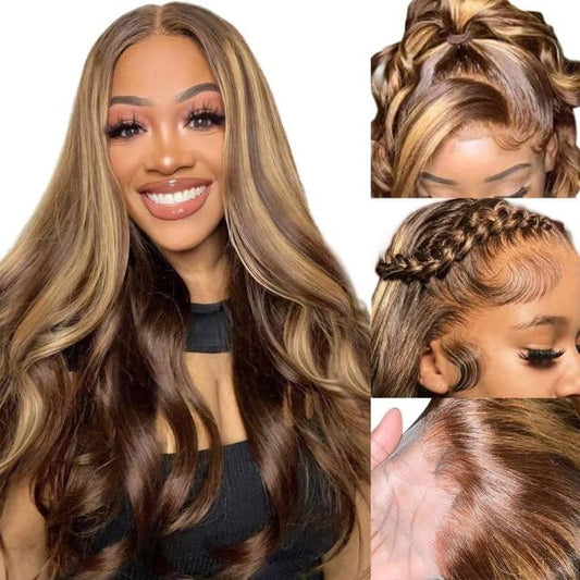 SFD Highlight Ombre Lace Front Wig Human Hair 13x4 HD Lace Honey Blonde Frontal Wigs Pre Plucked 150% Density 4/27 Colored Body Wave Lace Front Wig Human Hair Natural Hairline Piano Color 18Inch