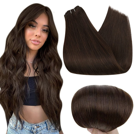 Full Shine Sew in Hair Extensions Real Human Hair 105 Grams 20 Inch Color 2 Dark Brown Natural Remy Hair Extensions Invisible Straight Brown Human Hair Bundles Extensions For Thin Hair