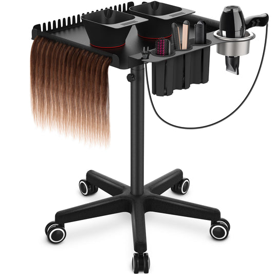 TASALON Rolling Salon Tray on Wheels, Metal Hairstylist Tray Rolling Cart for Hair Salon Station with 2 Magnetic Hair Color Bowls, Salon Trolley Cart with Holder and Hair Separator Stand