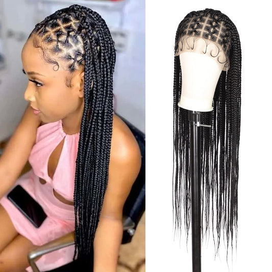 Fecihor Criss Cross Knotless Box Braided Wigs with Baby Hair 36" Cornrow Lace Front Braids Wigs for Women Embroidery Full Double Lace Black Braid Wig