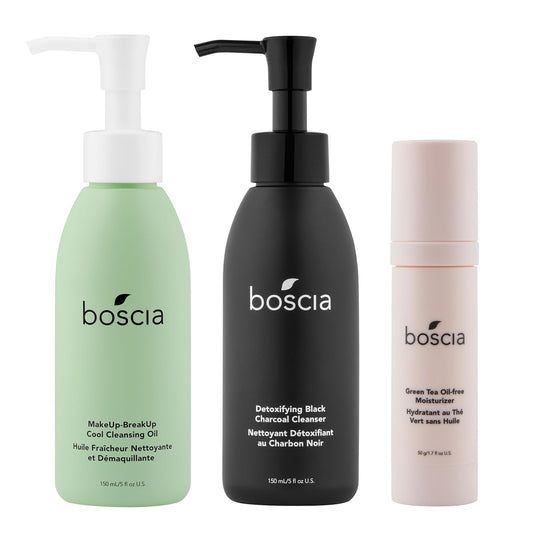 BOSCIA - MakeUp-BreakUp Cool Cleansing Oil, Detoxifying Black Charcoal Cleanser, & Green Tea Oil-Free Face Moisturizer - Bundle
