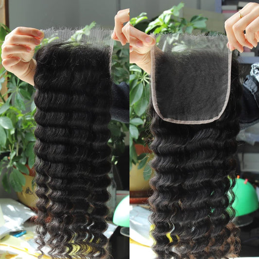 BEEOS 5x5 Deep Wave SKINLIKE Real HD Lace Closure Only, Invisible Ultra Thin Swiss Lace Pre Plucked Natural Hairline with Baby Hair Unprocessed Human Hair Closure Piece 16 Inch