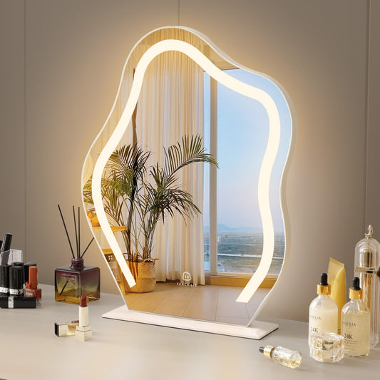 FENCHILIN Vanity Mirror with Lights 17.7" X 21.6" Irregular Cute Cloud Lighted Makeup Mirror with Dimmable 3 Light Modes Esthetics Hollywood Mirror for Tabletop Wall-Mounted Bedroom Beauty Salon