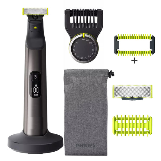 Philip Norelco OneBlade Pro Kit, Hybrid Electric Trimmer and Shaver with Charging Stand and Precision Comb, QP6520 + OneBlade Body Kit, 3 pieces, QP610, Black 4.0 Count