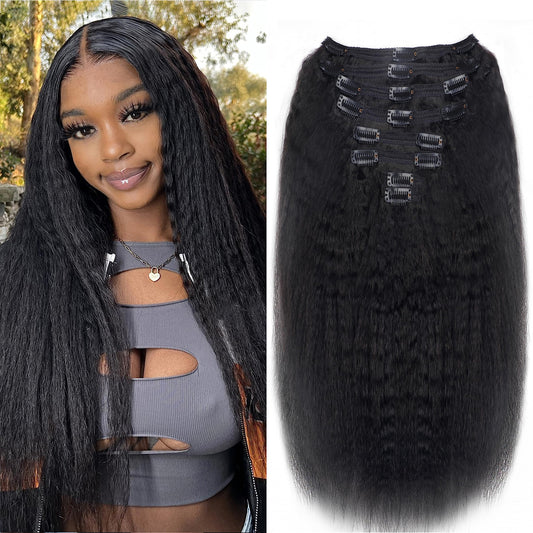 Mihugass Clip in Hair Extensions Real Human Hair Natural Black Kinky Clip in Hair Extensions Seamless Kinky Straight Clip on Hair Extensions for Women 8pcs with 18 Clips 120g(26inch)
