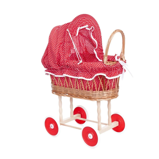 Red and White Polka Dot Wicker Doll Pram